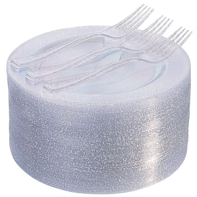 I00000 144Pcs Silver Glitter Dessert Plates Set, Includes 72Pcs Plastic Dessert Plates 7.5",72Pcs Silver Forks 7.4", Plastic Salad Plates for Birthday, Wedding & Party - Image 1